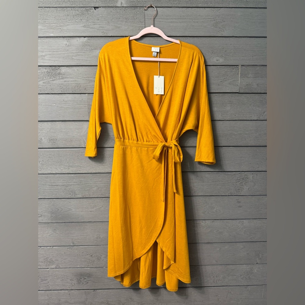 NWT A.N.D. EAWY Mustard Yellow Asymmetrical Wrap Dress Sz M Spring Summer Party